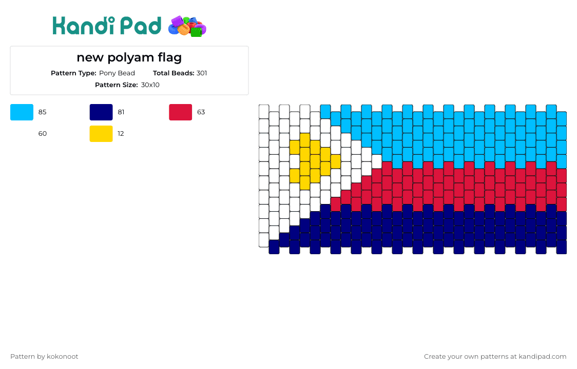 new polyam flag - Pony Bead Pattern by kokonoot on Kandi Pad - polyamorous,flag,pride,cuff,community,love,light blue,blue,red,white