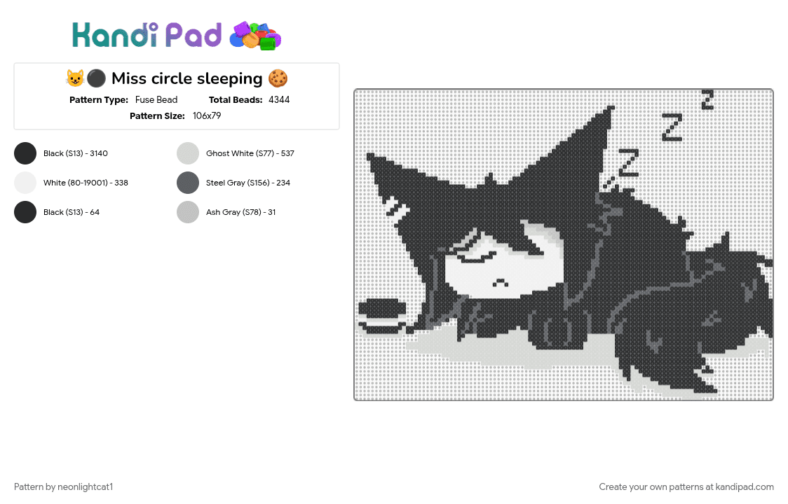 😺⚫ Miss circle sleeping 🍪 - Fuse Bead Pattern by neonlightcat1 on Kandi Pad - black, cat, fpe, gray, miss circle, white