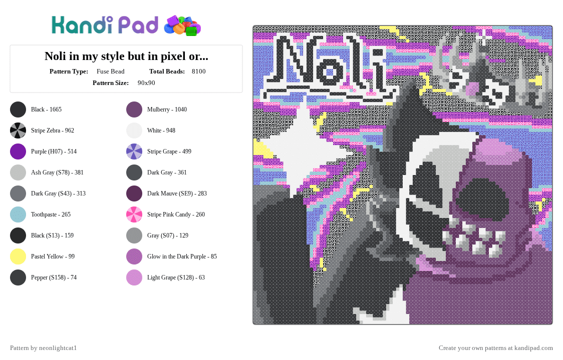 Noli in my style but in pixel or bead art [finished] - Fuse Bead Pattern by neonlightcat1 on Kandi Pad - purple,pink,gray,forsaken,pixel art