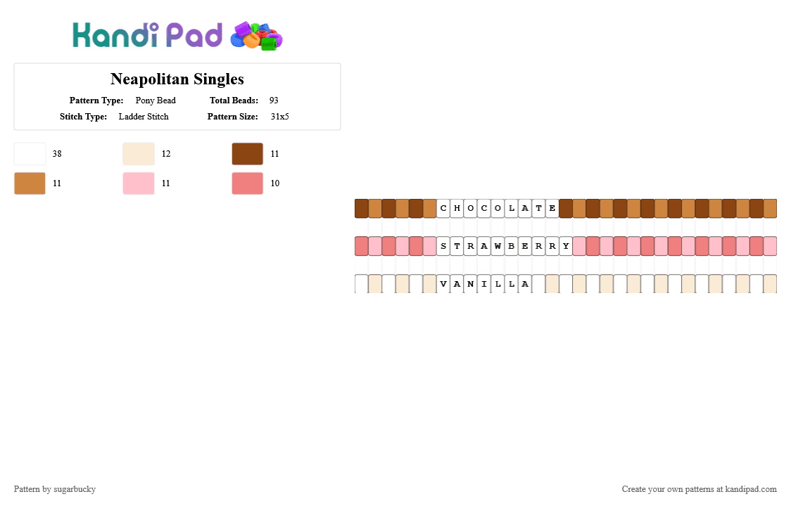 Neapolitan Singles - Pony Bead Pattern by sugarbucky on Kandi Pad - chocolate, ice cream, red, singles, strawberry, vanilla, white