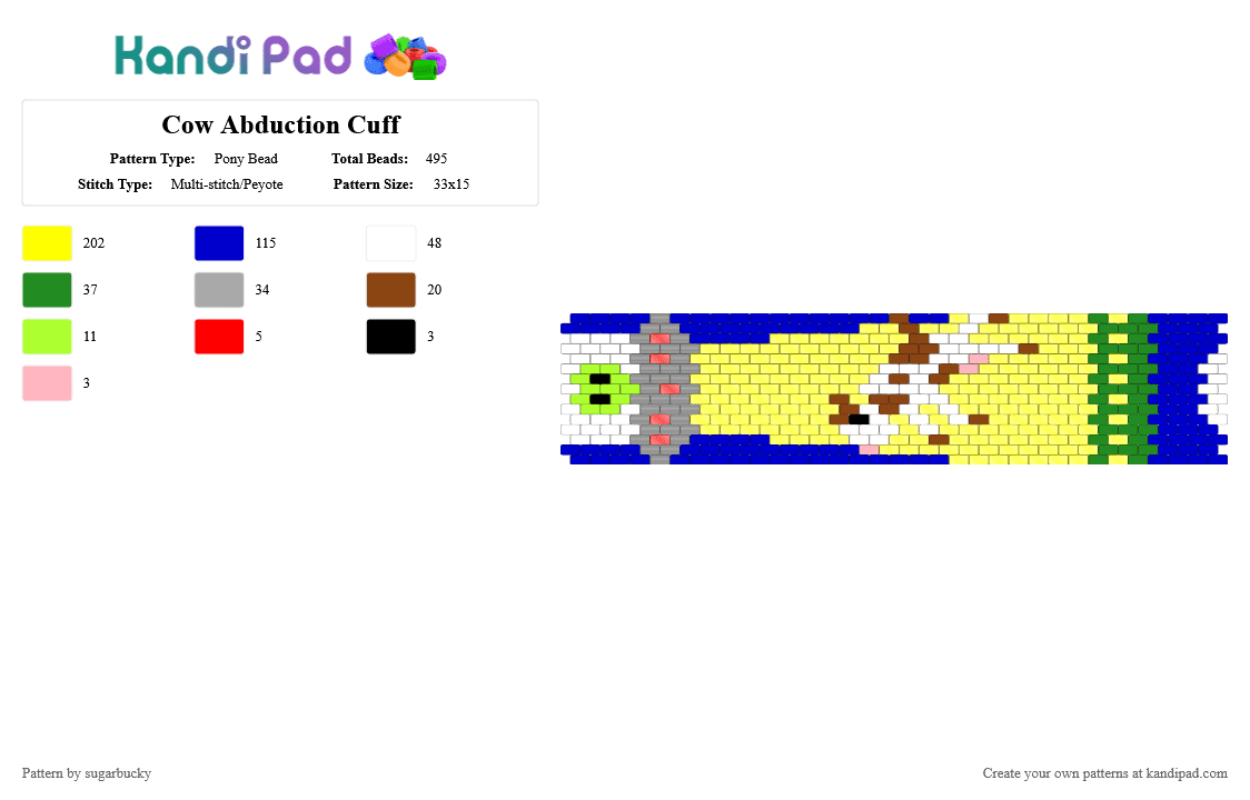 Cow Abduction Cuff - Pony Bead Pattern by sugarbucky on Kandi Pad - yellow,purple,cotdaliens,alien,cow
