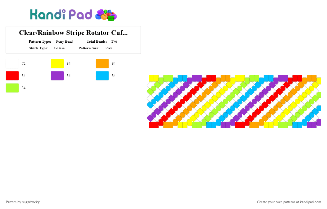 Clear/Rainbow Stripe Rotator Cuff - BASE - Pony Bead Pattern by sugarbucky on Kandi Pad - orange,purple,green,colorful,rainbow,stripe,stripes,red,yellow,blue