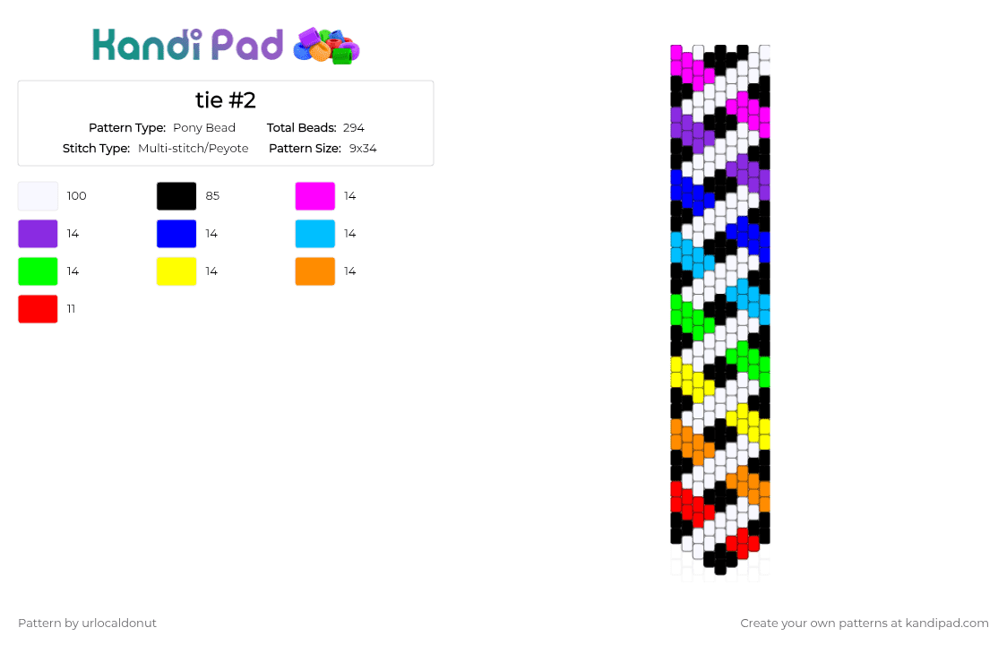 tie #2 - Pony Bead Pattern by urlocaldonut on Kandi Pad - white,purple,light blue,yellow,colorful
