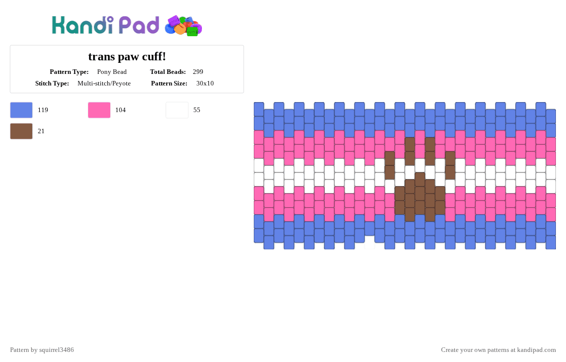 trans paw cuff! - Pony Bead Pattern by squirrel3486 on Kandi Pad - blue,pink