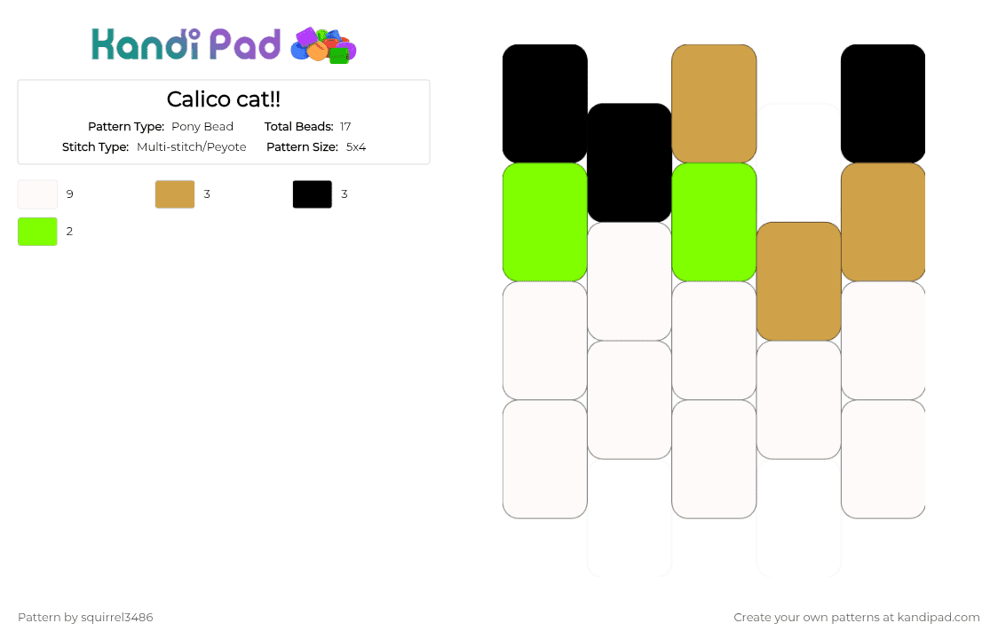 Calico cat!! - Pony Bead Pattern by squirrel3486 on Kandi Pad - white,green,orange
