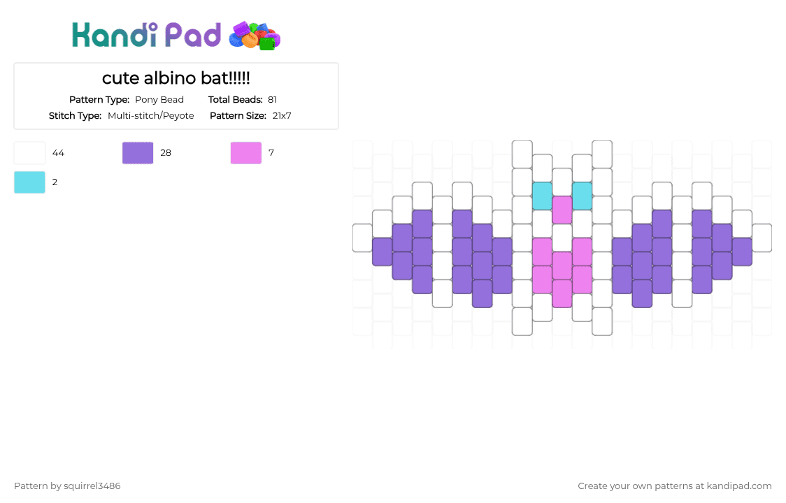 cute albino bat!!!!! - Pony Bead Pattern by squirrel3486 on Kandi Pad - white,purple