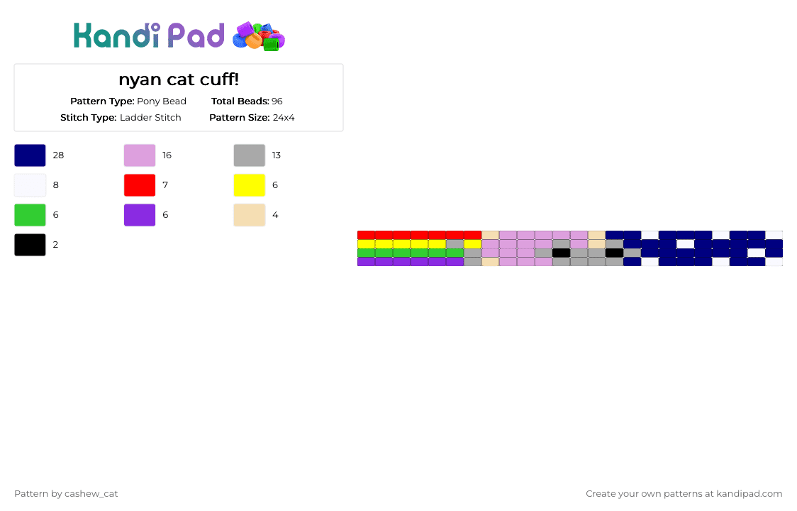 nyan cat cuff! - Pony Bead Pattern by cashew_cat on Kandi Pad - pink,beige,purple,ladder stitch,nyan cat,cat,kitty,galaxy,space,kandi,silly