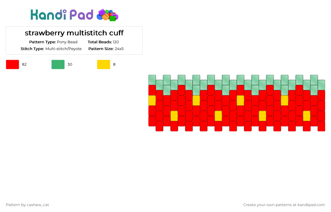 strawberry multistitch cuff - Pony Bead Pattern by cashew_cat on Kandi Pad - red,strawberry,fruit,kandi,cuff,plur,food,multistitch,yummy