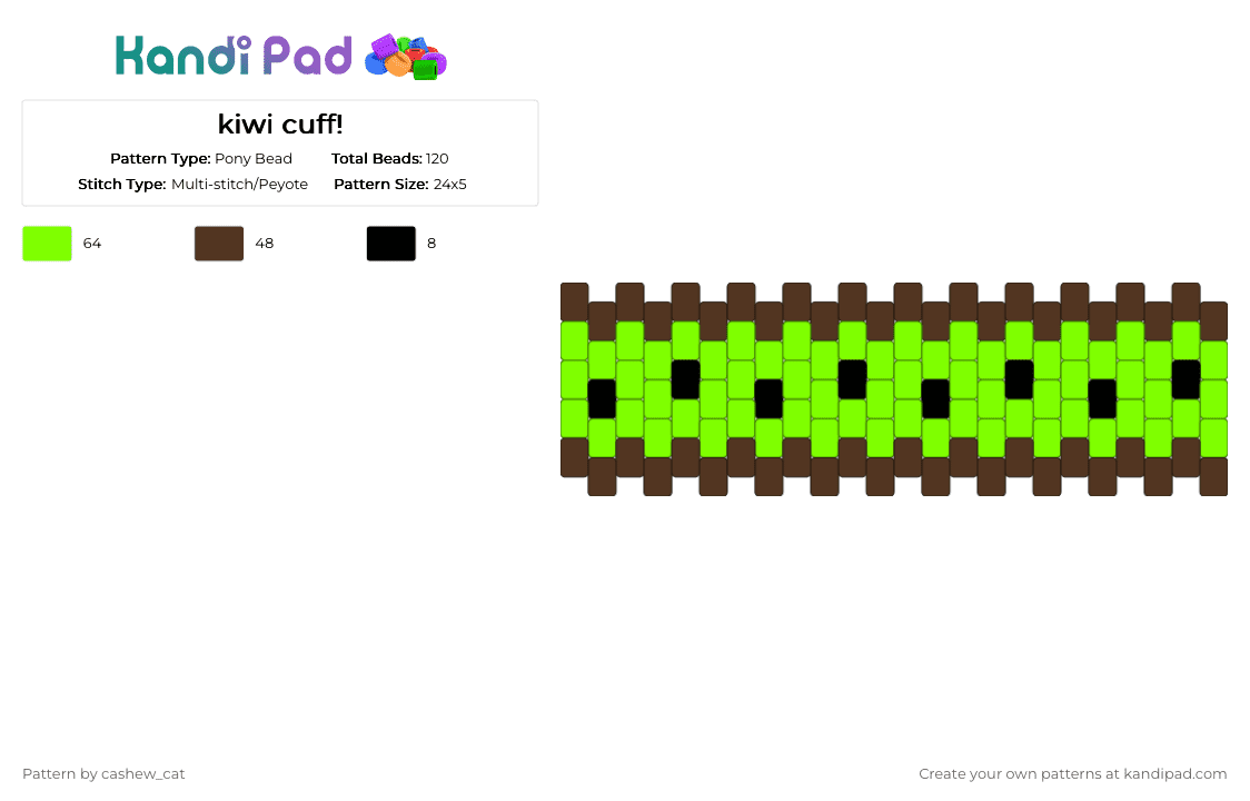 kiwi cuff! - Pony Bead Pattern by cashew_cat on Kandi Pad - brown,green,fruit,kiwi,multistitch,kandi,food,seed,cuff