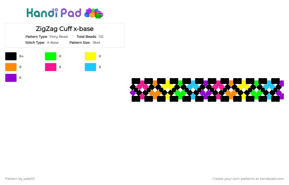 ZigZag Cuff x-base - Pony Bead Pattern by jade03 on Kandi Pad - black,yellow,pink,purple,colorful