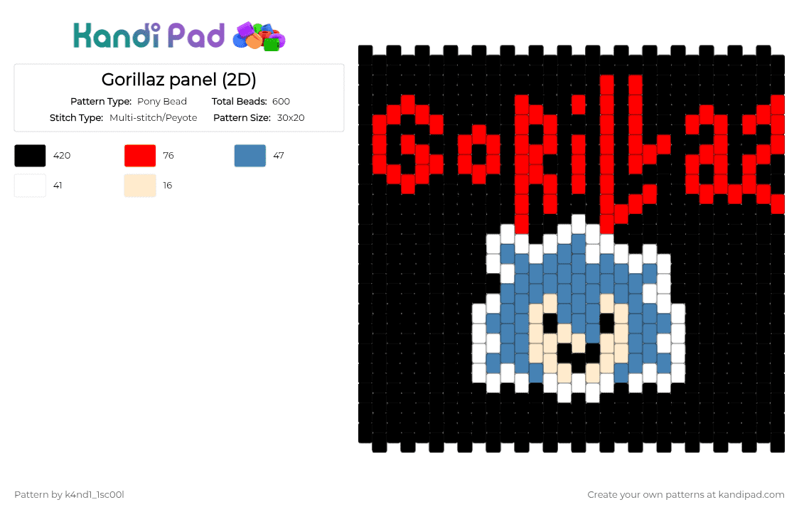Gorillaz panel (2D) - Pony Bead Pattern by k4nd1_1sc00l on Kandi Pad - black,red,blue