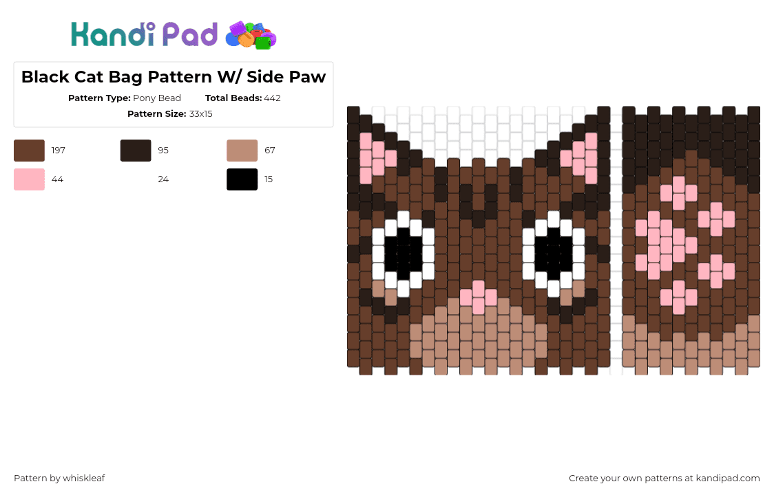 Black Cat Bag Pattern W/ Side Paw - Pony Bead Pattern by whiskleaf on Kandi Pad - cat,animal,bag,panel,paw,brown,pink