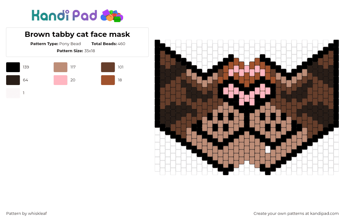 Brown tabby cat face mask - Pony Bead Pattern by whiskleaf on Kandi Pad - cat,animal,mask,face,nose,brown,pink