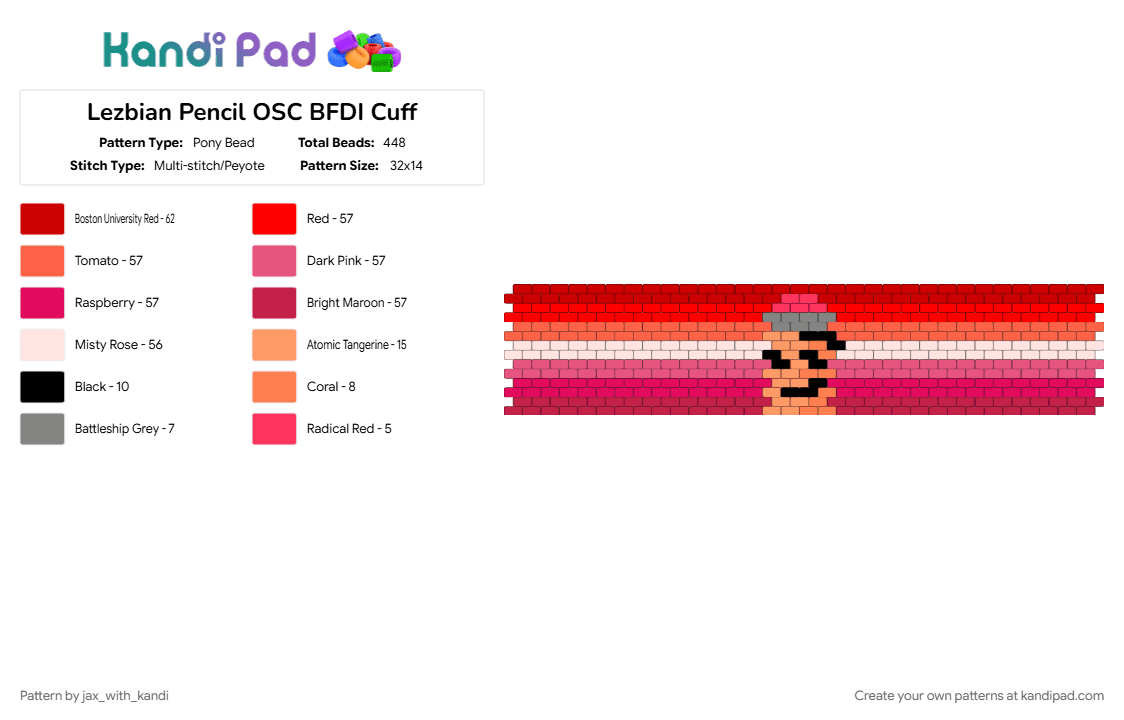 Lezbian Pencil OSC BFDI Cuff - Pony Bead Pattern by jax_with_kandi on Kandi Pad - bfdi, cuff, lezbian, osc, osc cuff, pencil, pride, pride cuff, red
