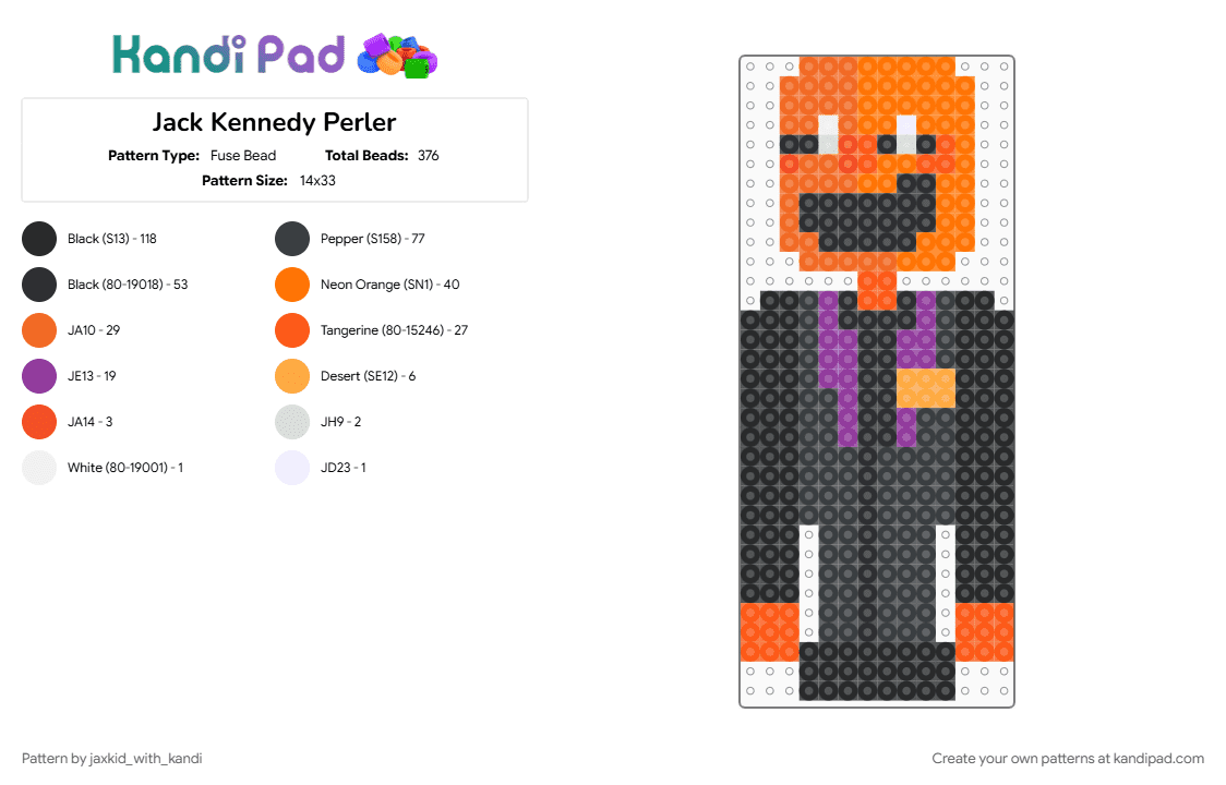 Jack Kennedy Perler - Fuse Bead Pattern by jax_with_kandi on Kandi Pad - cotdcollectibles, dsaf, jack kennedy, mini figure
