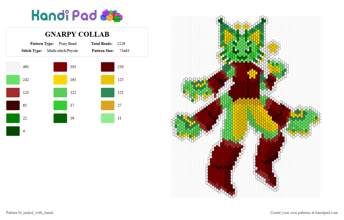 GNARPY COLLAB - Pony Bead Pattern by jaxkid_with_kandi on Kandi Pad - teal,green,yellow,brown