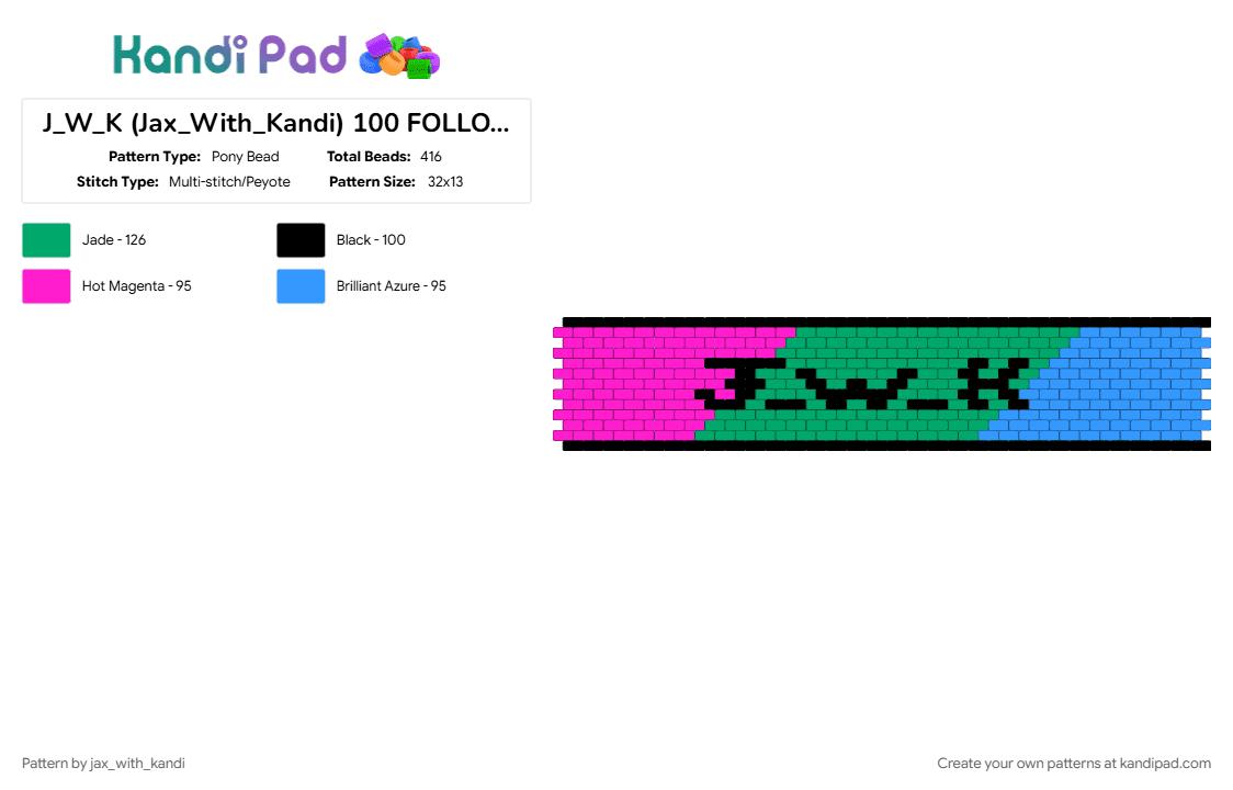 J_W_K (Jax_With_Kandi) 100 FOLLOWERS!!!!! (POLYSEXUAL) - Pony Bead Pattern by jax_with_kandi on Kandi Pad - 100 followers, cuff, green, jwk, polysexual