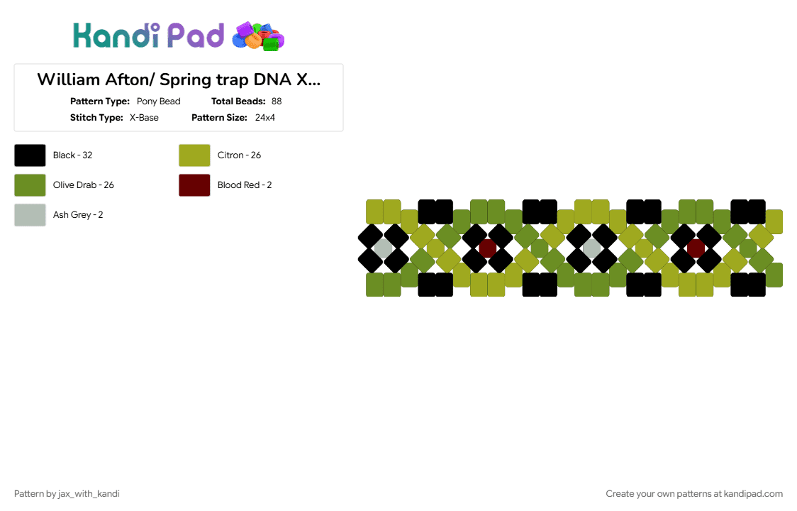 William Afton/ Spring trap DNA X Cuff - Pony Bead Pattern by jax_with_kandi on Kandi Pad - fnaf, fnaf cuff, fnaf x cuff, green, purple guy, spring trap, springtrap, william afton, william afton cuff
