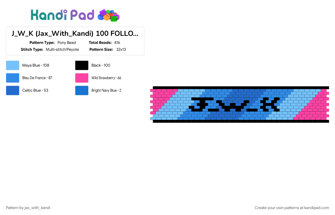 J_W_K (Jax_With_Kandi) 100 FOLLOWERS!!!!! (TRANSMASC) - Pony Bead Pattern by jax_with_kandi on Kandi Pad - 100 followers, cuff, jwk, light blue, trans, transmasc