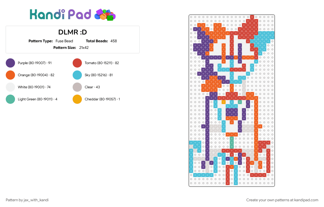 DLMR :D - Fuse Bead Pattern by jax_with_kandi on Kandi Pad - character, charm, dlmr, light blue, oc, orange, purple, red
