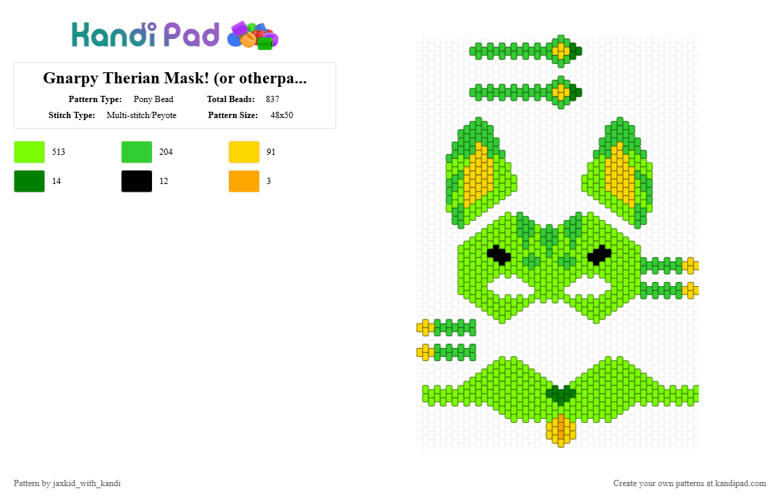 Gnarpy Therian Mask! (or otherpaw/furry/ect..) - Pony Bead Pattern by jaxkid_with_kandi on Kandi Pad - green,gnarpy,alien cat,mask,therian mask,furry mask,green cat,cat