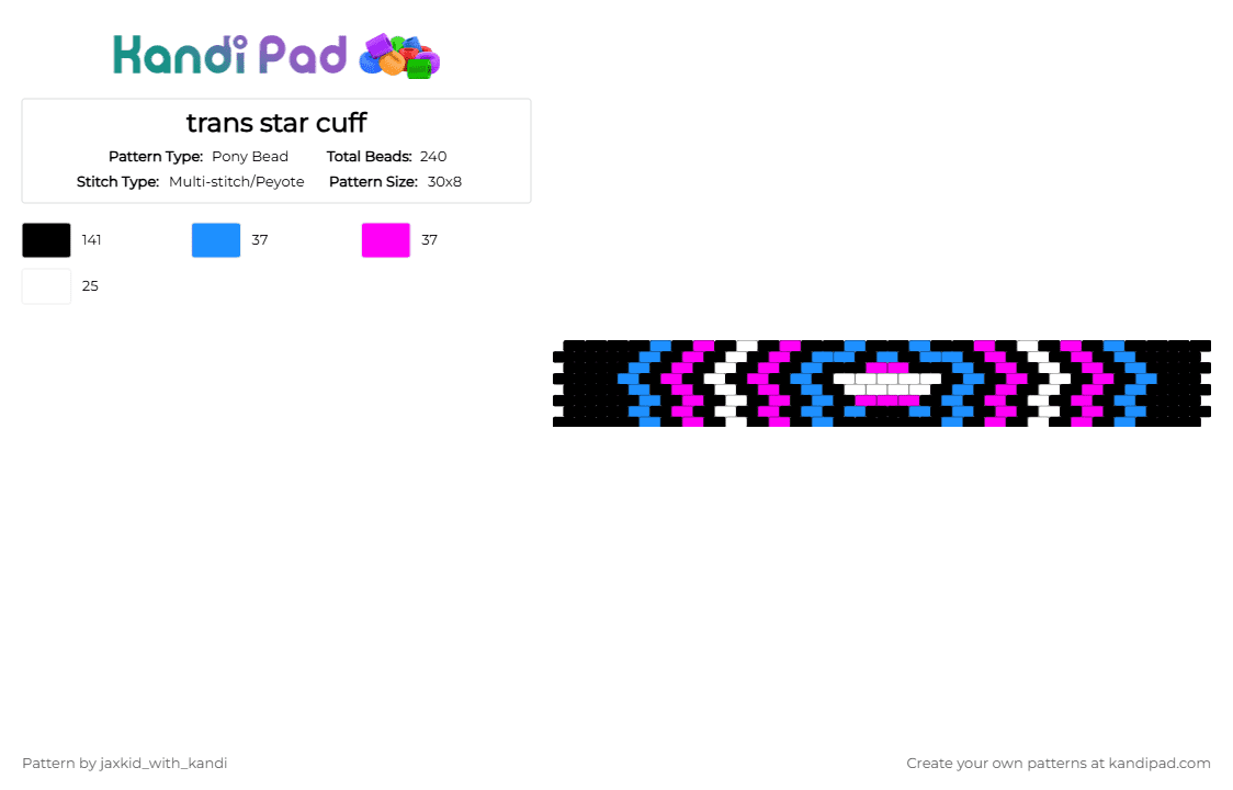 trans star cuff - Pony Bead Pattern by jaxkid_with_kandi on Kandi Pad - black,light blue,pink,trans,trans star,star,lgbtq,pride,lgbtqia,cuff,cute