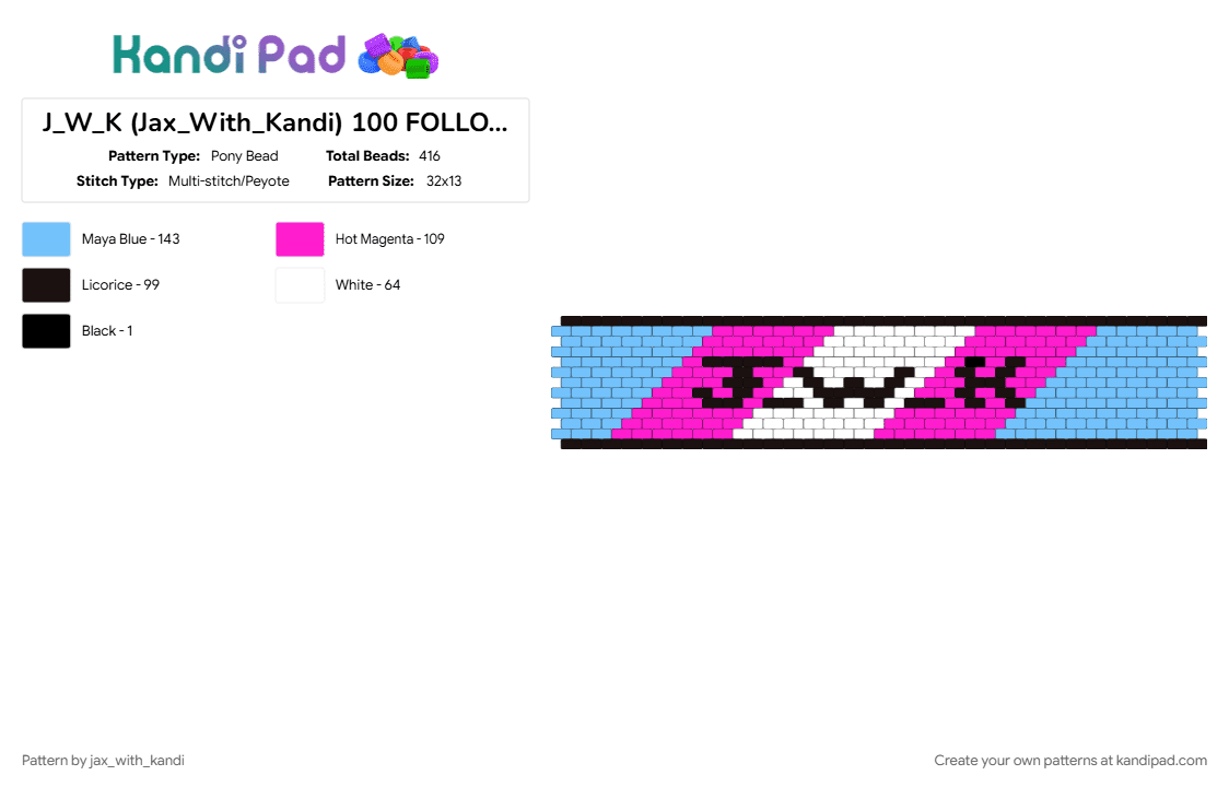 J_W_K (Jax_With_Kandi) 100 FOLLOWERS!!!!! (TRANS) - Pony Bead Pattern by jax_with_kandi on Kandi Pad - 100 followers, cuff, jwk, light blue, pink, trans
