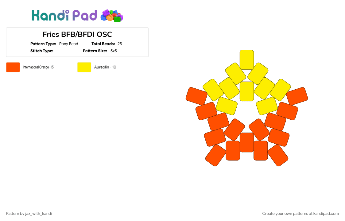 Fries BFB/BFDI OSC - Pony Bead Pattern by jax_with_kandi on Kandi Pad - bfb, bfdi, fries, orange, osc, osc star, tpot, yellow