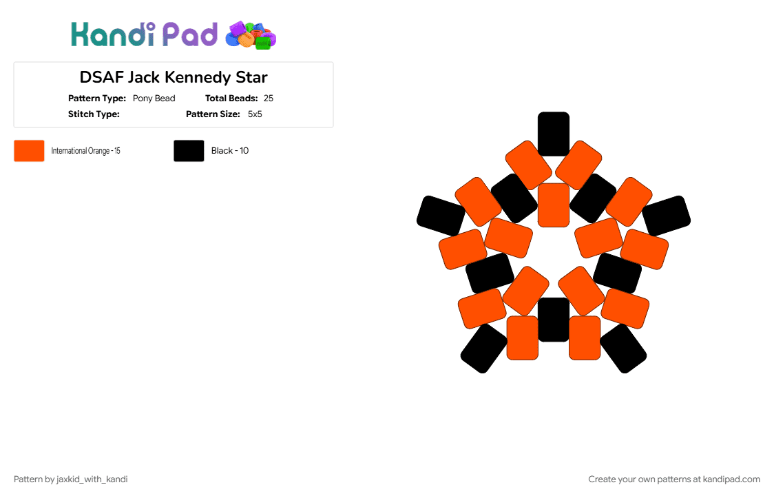 DSAF Jack Kennedy Star - Pony Bead Pattern by jax_with_kandi on Kandi Pad - black, dsaf, jack kennedy dsaf, orange, star
