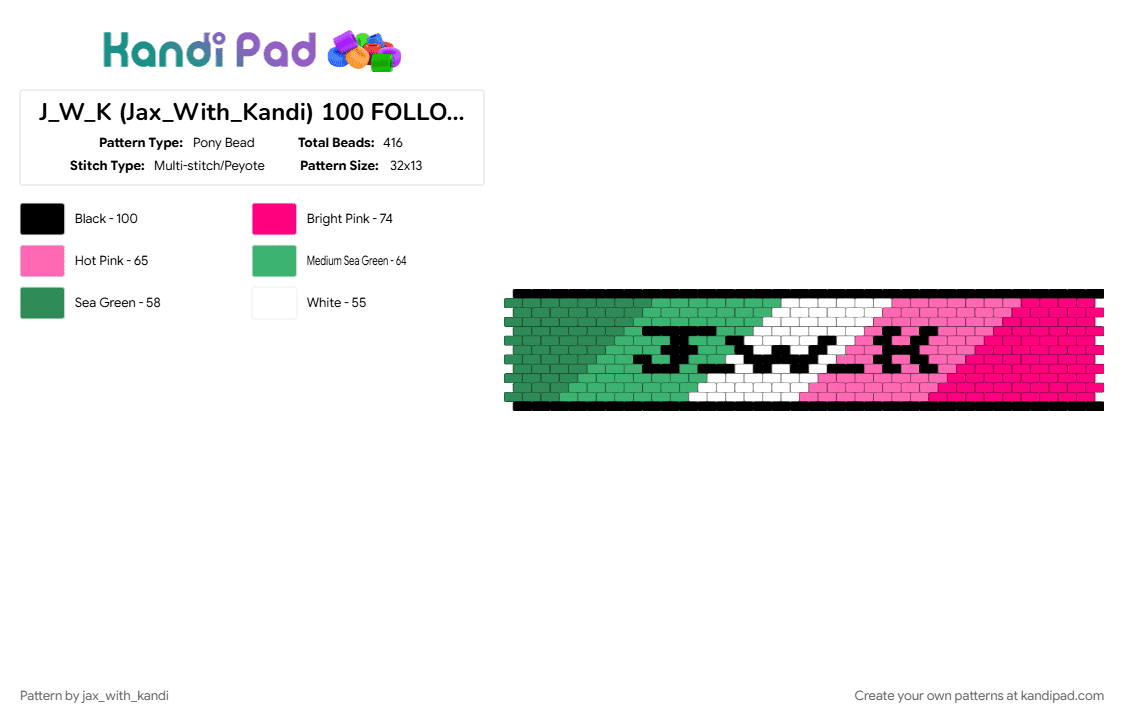 J_W_K (Jax_With_Kandi) 100 FOLLOWERS!!!!! (ABROSEXUAL) - Pony Bead Pattern by jax_with_kandi on Kandi Pad - 100 followers, abrosexual, cuff, green, jwk, pink
