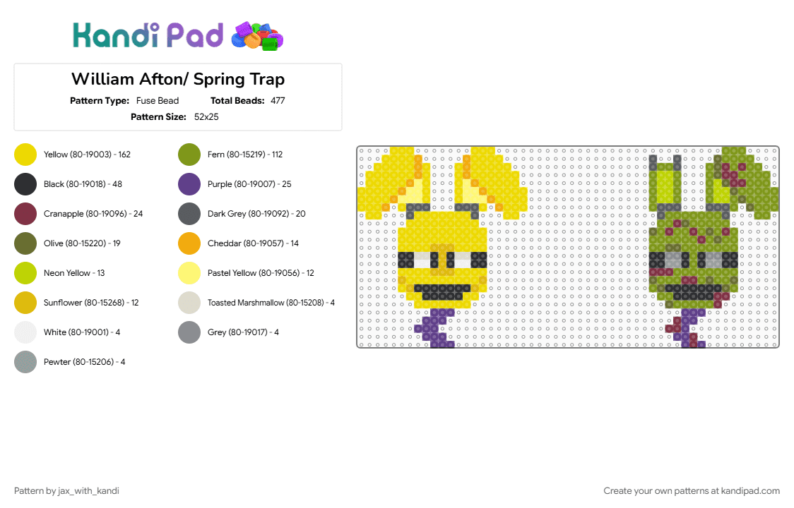 William Afton/ Spring Trap - Fuse Bead Pattern by jax_with_kandi on Kandi Pad - 1987, fnaf, gold, purple guy, spring trap, springtrap, william afton, yellow