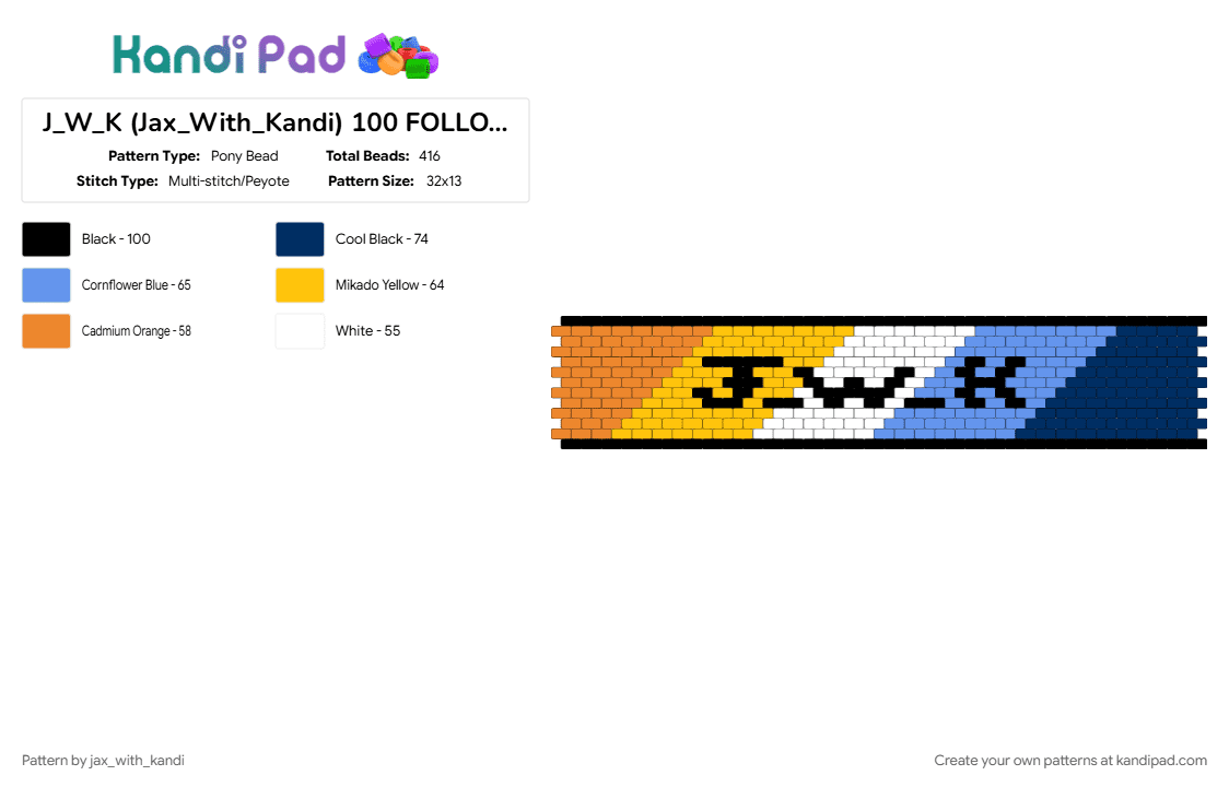 J_W_K (Jax_With_Kandi) 100 FOLLOWERS!!!!! (AROACE) - Pony Bead Pattern by jax_with_kandi on Kandi Pad - 100 followers, aroace, blue, cuff, jwk, light blue, yellow