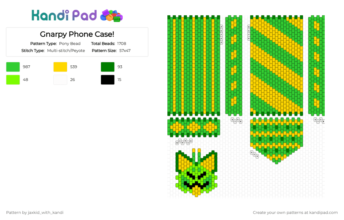 Gnarpy Phone Case! - Pony Bead Pattern by jaxkid_with_kandi on Kandi Pad - green,yellow,gnarpy,green alien cat,phone case,gnarpy phone case,green alien cat phone case,green cat,cat