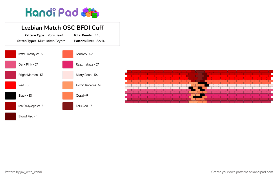 Lezbian Match OSC BFDI Cuff - Pony Bead Pattern by jax_with_kandi on Kandi Pad - bfdi, cuff, lezbian, match, osc, osc cuff, pink, pride, pride cuff, red
