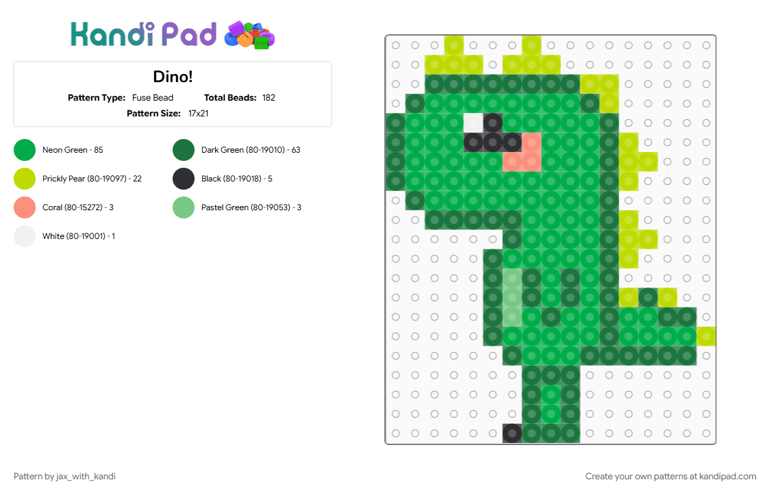 Dino! - Fuse Bead Pattern by jax_with_kandi on Kandi Pad - chibi, cotddinosaurs, cute, dino, dinosaur, green