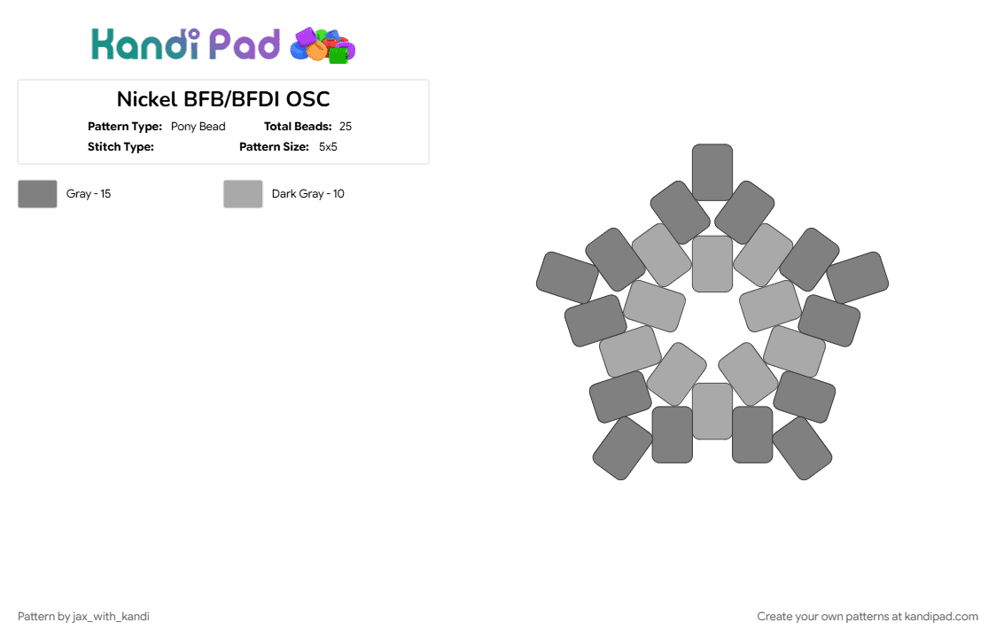 Nickel BFB/BFDI OSC - Pony Bead Pattern by jax_with_kandi on Kandi Pad - beige, bfb, bfdi, gray, osc, osc star, tpot