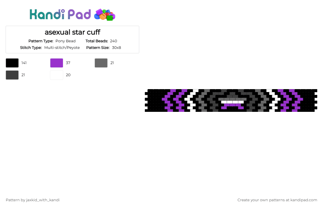 asexual star cuff - Pony Bead Pattern by jaxkid_with_kandi on Kandi Pad - black,purple,gray,star,lgbtq,pride,lgbtqia,cuff,cute,asexual,asexual star