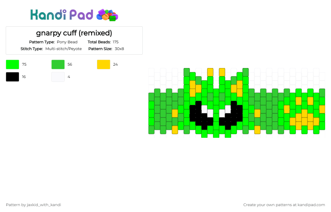 gnarpy cuff (remixed) - Pony Bead Pattern by jaxkid_with_kandi on Kandi Pad - green,gnarpy,cuff,alien,cat alien,alien cat,cute,gnarpy cuff