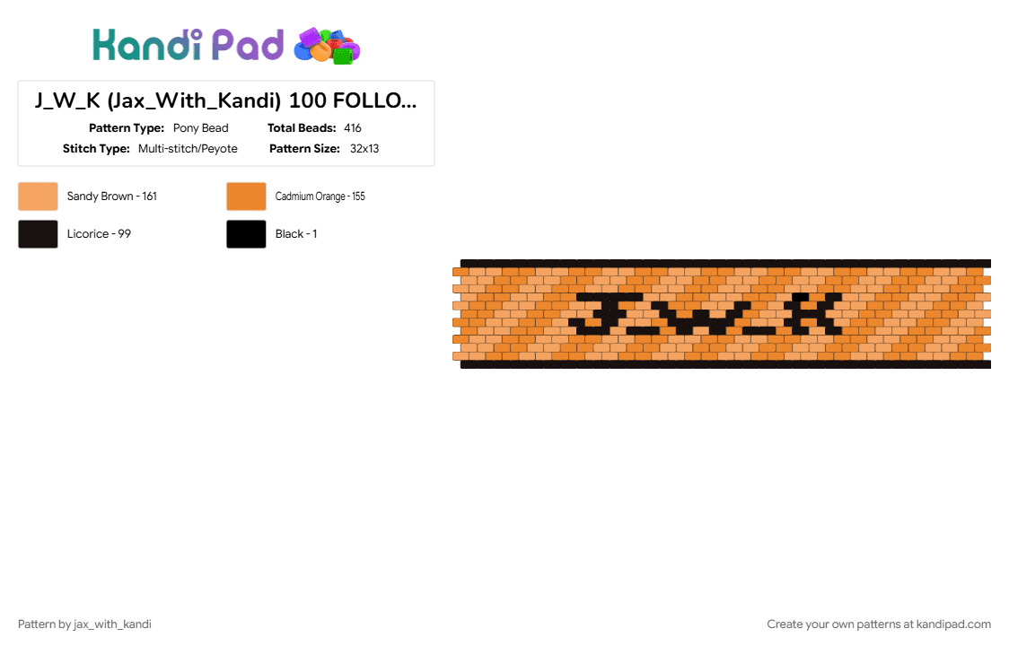 J_W_K (Jax_With_Kandi) 100 FOLLOWERS!!!!! (LIGHT ORANGE) - Pony Bead Pattern by jax_with_kandi on Kandi Pad - 100 followers, cuff, jwk, light orange, orange