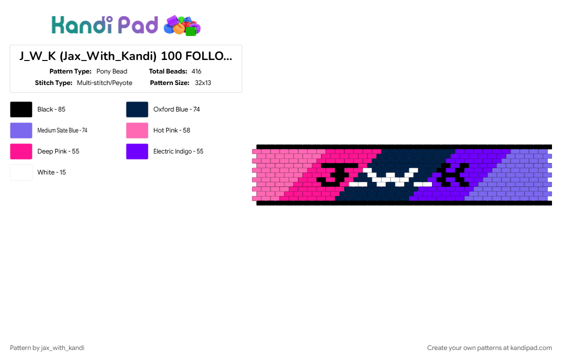 J_W_K (Jax_With_Kandi) 100 FOLLOWERS!!!!! (OMNISEXUAL) - Pony Bead Pattern by jax_with_kandi on Kandi Pad - 100 followers, blue, cuff, jwk, omnisexual, pink
