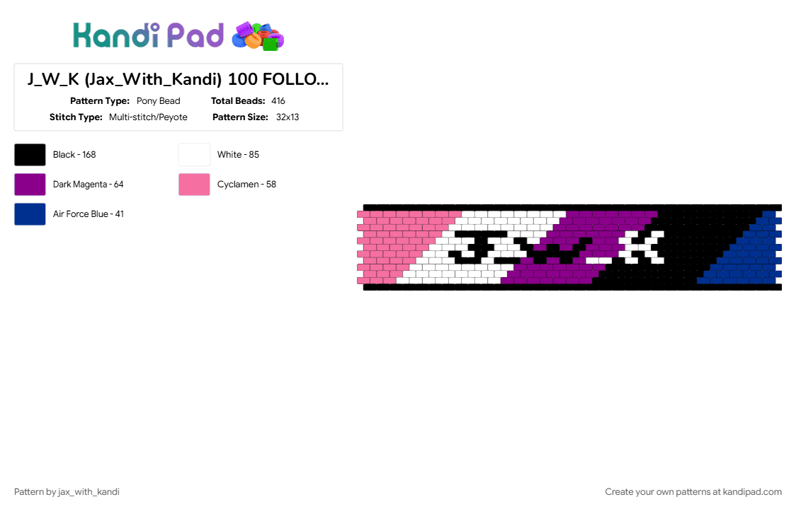 J_W_K (Jax_With_Kandi) 100 FOLLOWERS!!!!! (GENDERFLUID) - Pony Bead Pattern by jax_with_kandi on Kandi Pad - 100 followers, cuff, genderfluid, jwk, pink