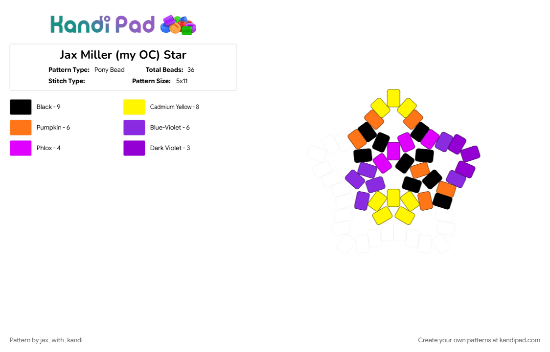Jax Miller (my OC) Star - Pony Bead Pattern by jax_with_kandi on Kandi Pad - cat, cute, jaxmiller, oc, purple, silly, yellow