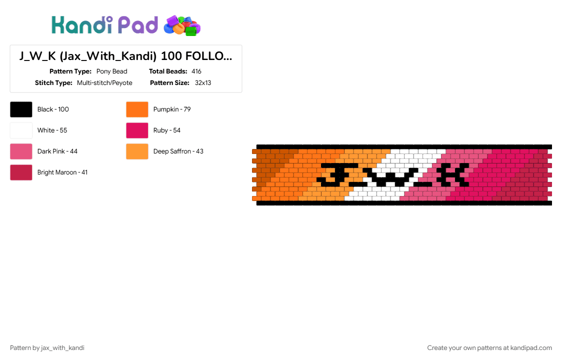 J_W_K (Jax_With_Kandi) 100 FOLLOWERS!!!!! (LESBIAN) - Pony Bead Pattern by jax_with_kandi on Kandi Pad - 100 followers, cuff, gay, jwk, lesbian, orange, pink, wlw