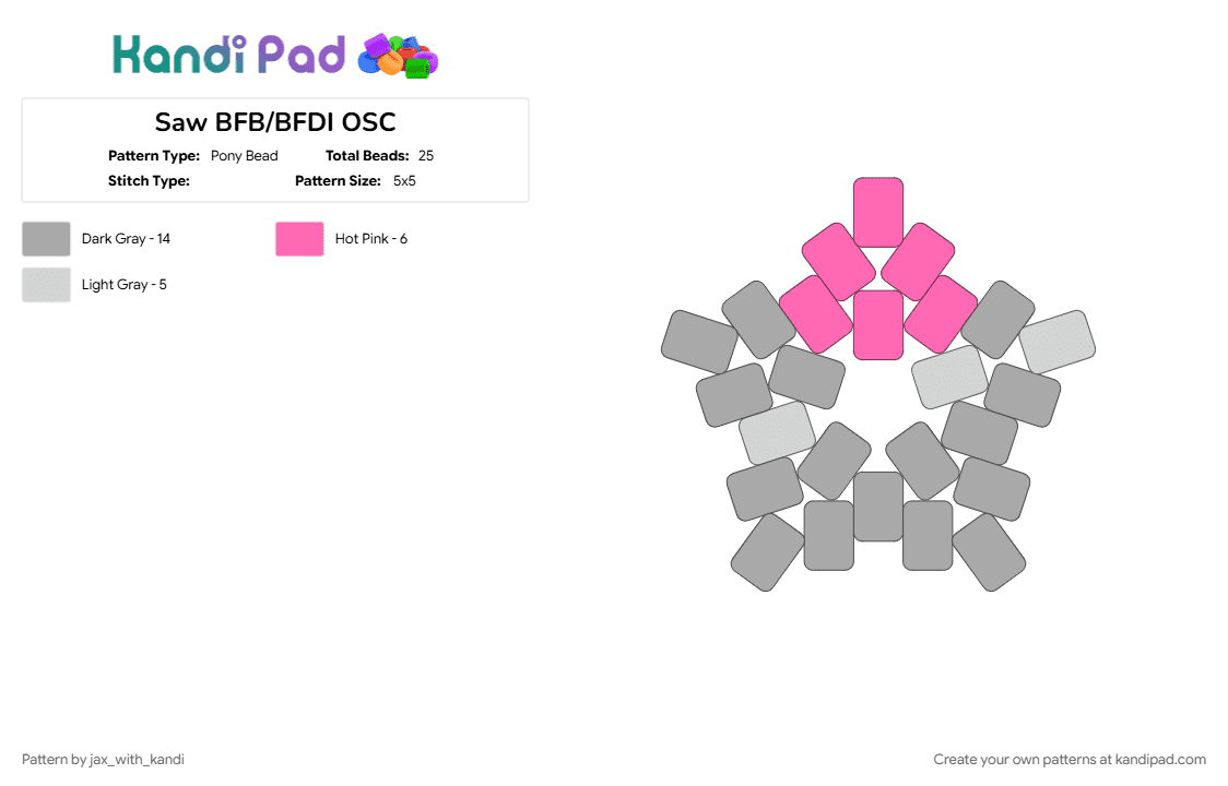 Saw BFB/BFDI OSC - Pony Bead Pattern by jax_with_kandi on Kandi Pad - beige, bfb, bfdi, osc, osc star, pink, saw, tpot