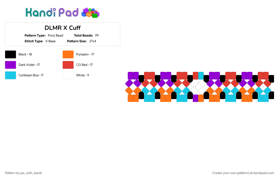 DLMR X Cuff - Pony Bead Pattern by jax_with_kandi on Kandi Pad - bootyyyshaker9000w, colors, dlmr, light blue, oc, orange, purple, red, x cuff