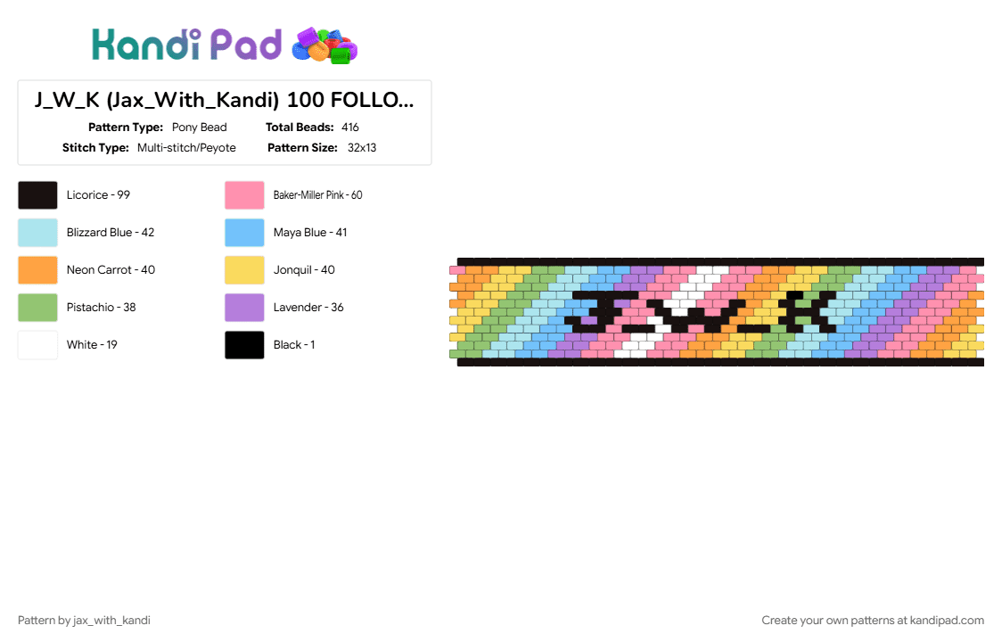 J_W_K (Jax_With_Kandi) 100 FOLLOWERS!!!!! (PASTEL RAINBOW) - Pony Bead Pattern by jax_with_kandi on Kandi Pad - 