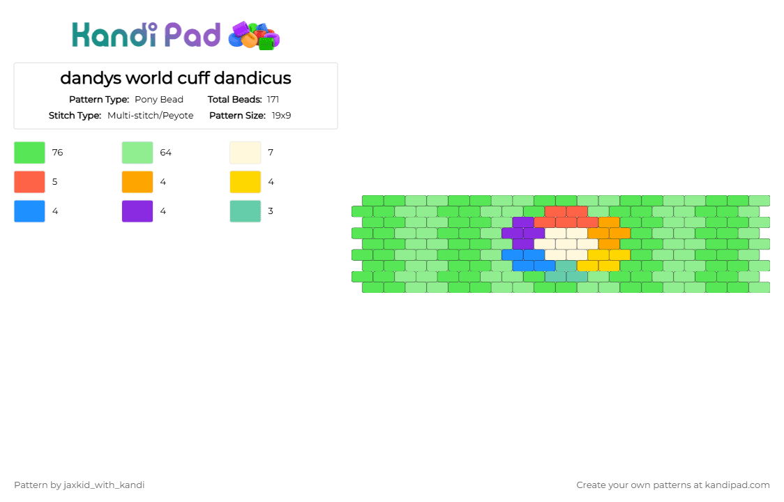 dandys world cuff dandicus - Pony Bead Pattern by jaxkid_with_kandi on Kandi Pad - green,teal,dandys world,dw,rainbow,dandys cuff