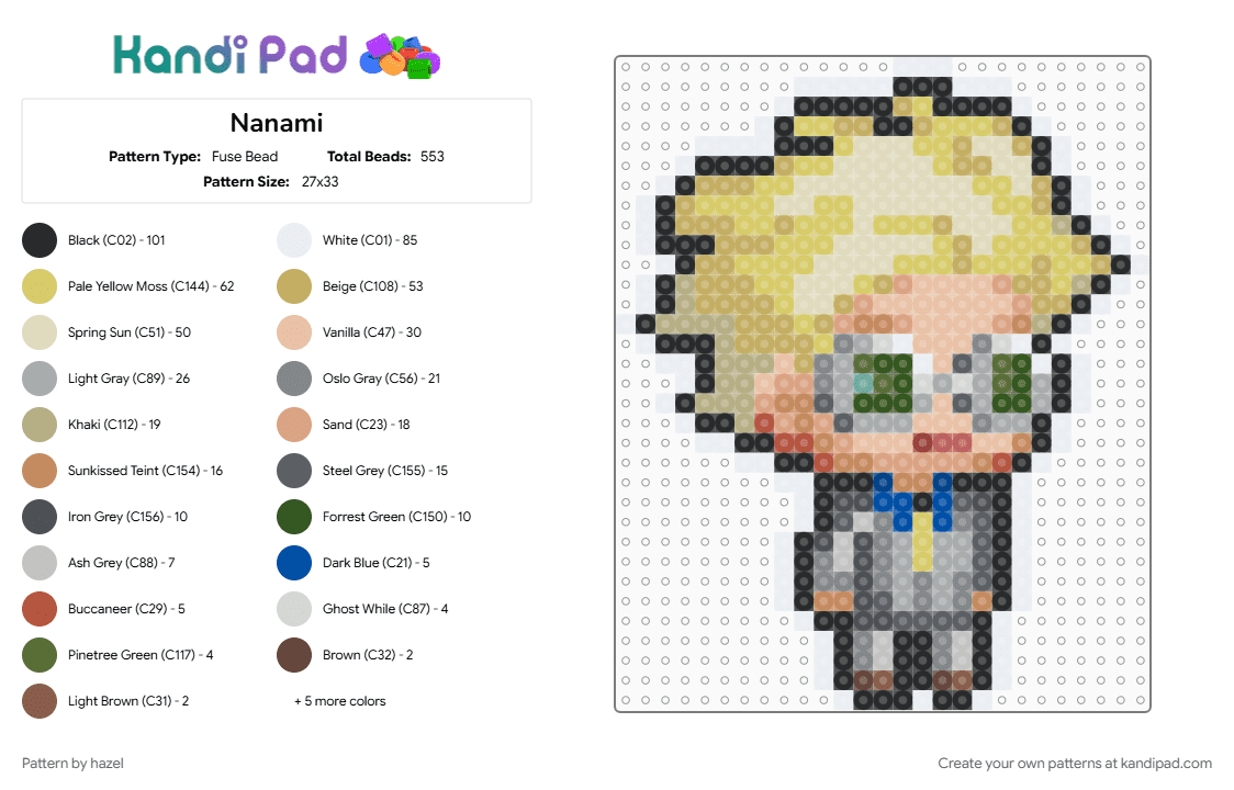 Nanami - Fuse Bead Pattern by hazel on Kandi Pad - anime, beige, gray, jujutsu kaisen, kento nanami, nanami, yellow