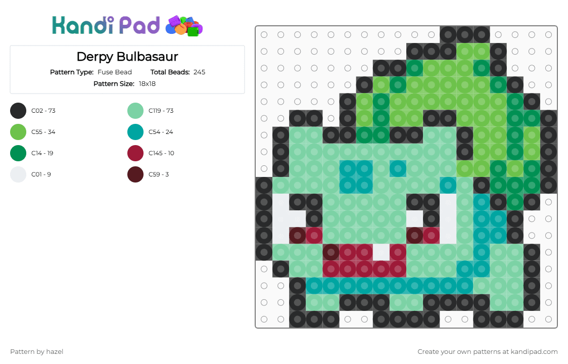 Derpy Bulbasaur - Fuse Bead Pattern by hazel on Kandi Pad - anime, bulbasaur, cartoon, green, pokemon, teal