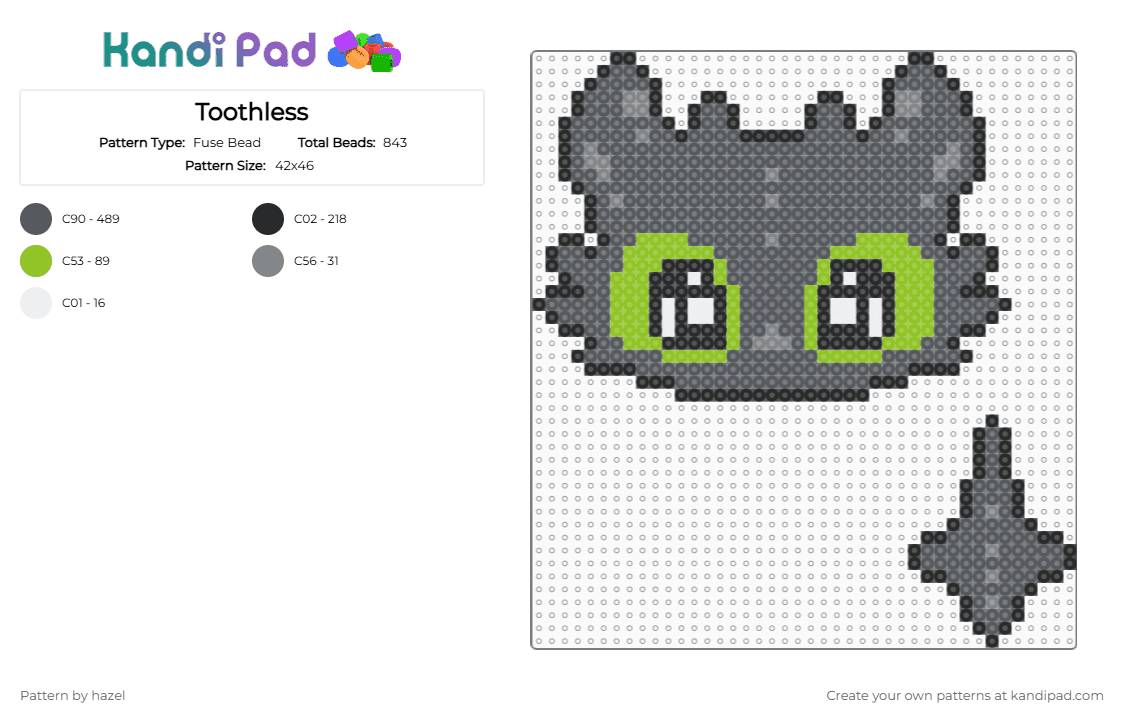 Toothless - Fuse Bead Pattern by hazel on Kandi Pad - gray,toothless,how to train your dragon,dragon,night fury